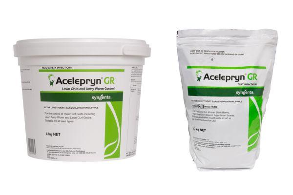 Acelepryn GR containers for lawn and garden use on a white background