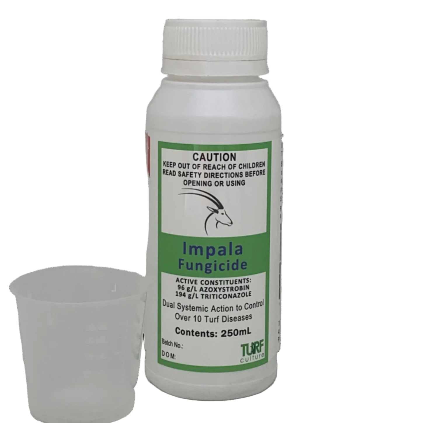 White bottle of Impala Fungicide with a green label on a gray background