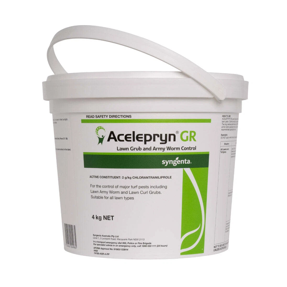 Acelepryn GR lawn grub and army worm control product in a white bucket with green label on a white background
